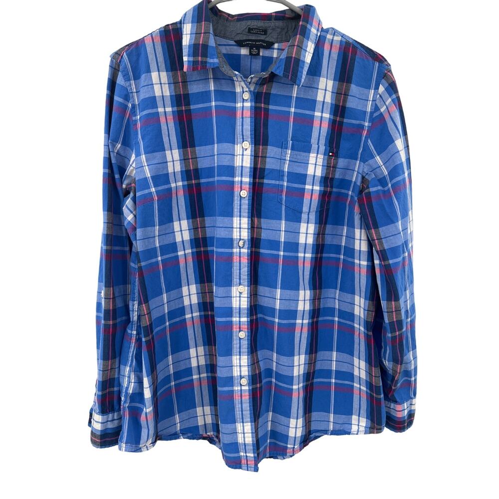 Tommy Hilfiger classic fit blue pink plaid long sleeve button front shirt sz XL